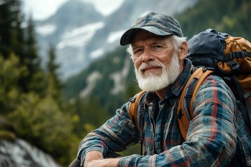 Senior man who injured his leg while hiking in the mountains, highlighting the importance of proper safety measures and preparedness during outdoor activities, Generative AI