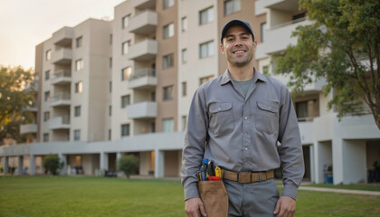 Smiling maintenance worker in uniform with tool belt stands outside apartment building. Pro technician ready for service job, ensuring property upkeep, community support. Friendly demeanor.