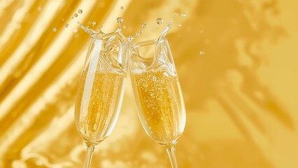 Two slender, delicately crafted champagne flutes, positioned at an angle, filled with effervescent, pale gold liquid, capturing a mesmerizing splash against a vibrant, metallic gold backdrop with subt