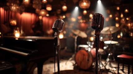 Vintage microphone stands prominent, surrounded by dimly lit jazz club setup, featuring piano, drums. .