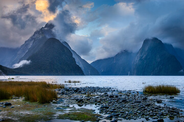 The sunset view with Mitre Peak, Milford Sound, New Zealand ,Fiordland national park