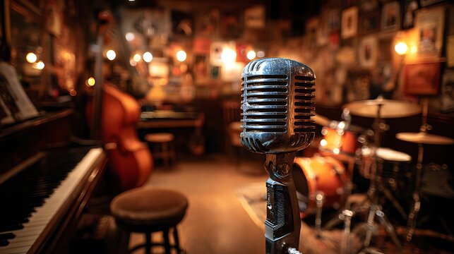 Vintage microphone stands prominent, surrounded by dimly lit jazz club setup, featuring piano, drums. .