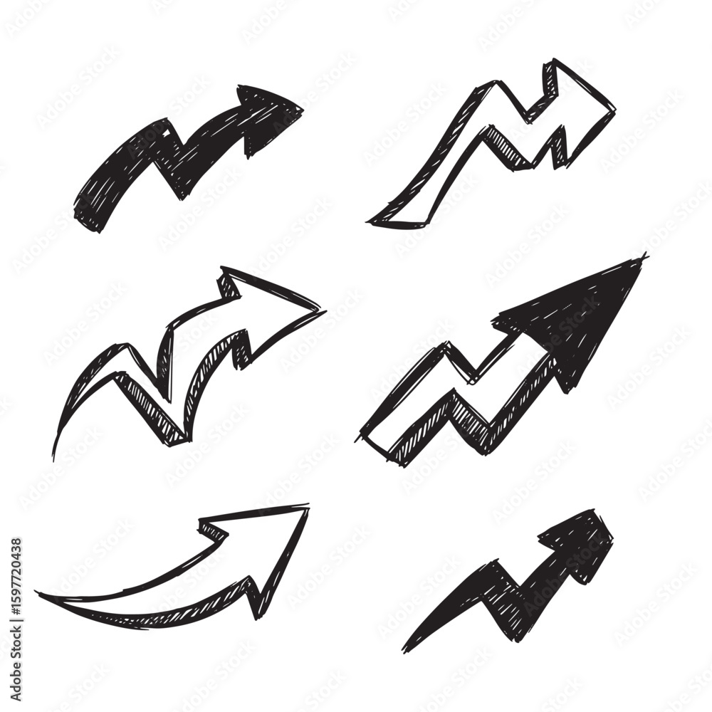 Poster hand drawn arrow set with scribble style for direction and growth conceptualization on white backgro