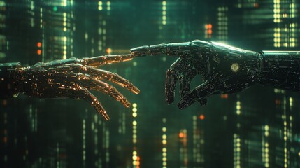 Two robotic hands touching, representing future technology and human-machine connections.