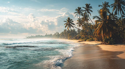 A wide shot of the beach in Sri Lanka with palm trees, clear blue sky, cinematic, film grain, vintage style,