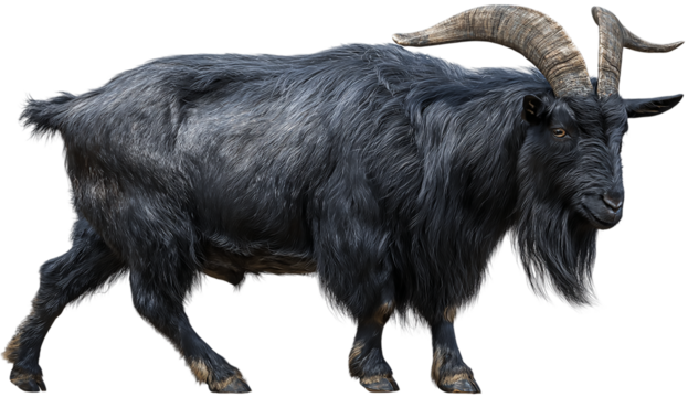 A black goat with long horns stands majestically, isolated on transparent background, its fur appearing thick and dense