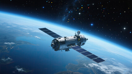Fototapeta premium Realistic 3D rendering of a satellite floating above Earth in outer space with curved horizon and star-filled background, symbolizing global communication and geostationary orbit technology