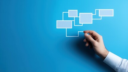 Entrepreneur hand showing workflow chart banner image. Plan of corporate productivity improvement photo-realistic background blurred. Business concept photography copy space