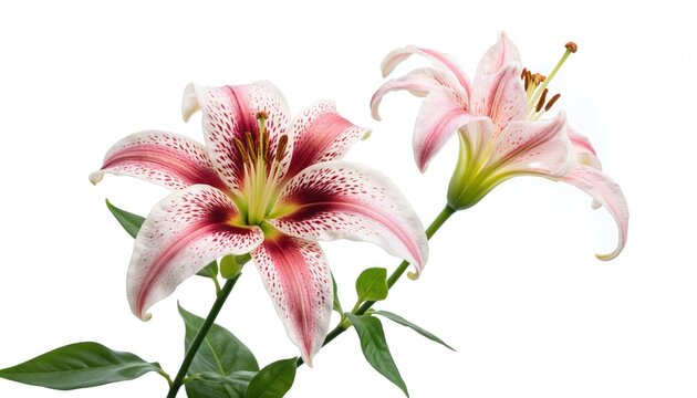 Two Stargazer lilies bloom with vibrant pink, white petals, detailed with deep red spots. Prominent stamens, green leaves showcased against clean white background, emphasizing delicate beauty, - Powered by Adobe