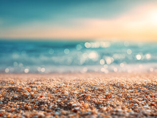 Obraz premium Tranquil sandy beach at sunset with gentle waves and shimmering water