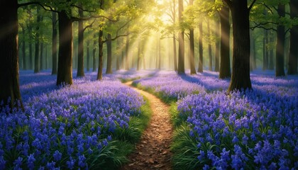 Sunlit forest path curves through dense bluebell flowers. Spring sunrise illuminates woodland canopy, casting gentle rays onto trail. Nature scene offers tranquil, dreamy atmosphere. Green trees