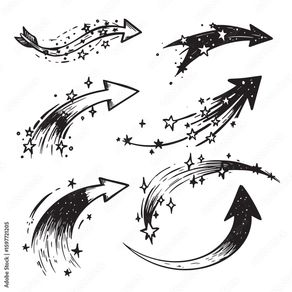 Poster hand drawn arrows with stars in sketch style for design and direction