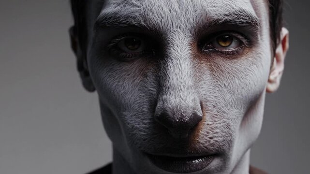 Professional actor wearing intricate special effects makeup transforming into menacing werewolf character, staring intensely with dramatic gray studio background highlighting monster metamorphosis