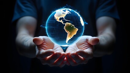 Global technology innovation concept hands holding glowing earth hologram future
