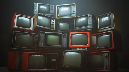 Arrangement of vintage televisions stacked together in a dark, moody atmosphere