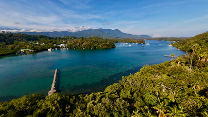 Top view of a bay and pier on a tropical island. Aerial view of a pier and bay on a tropical island covered with jungle.