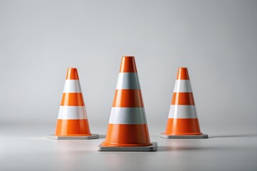 Three Orange and White Traffic Cones on Gray Background Minimalist Studio Shot.