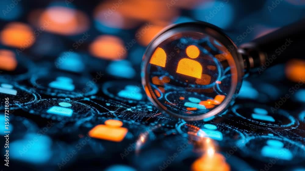 Poster close-up of magnifying glass highlighting user icons in a digital network background