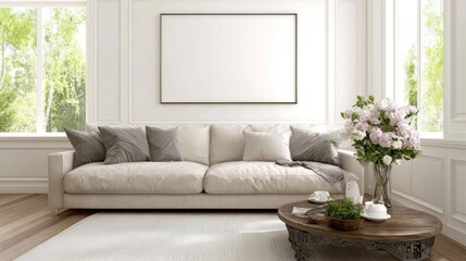 Elegant living room with empty frame