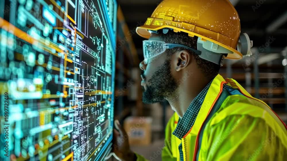Poster skilled worker analyzing digital data on a transparent screen in a modern industrial setting