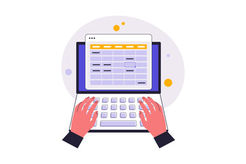 Hands Typing Data into Spreadsheet on Laptop. Illustrations for websites, landing pages, mobile apps, posters and banners