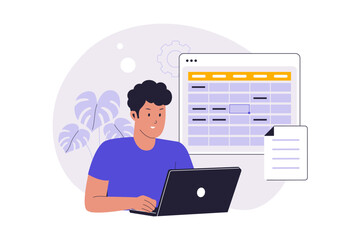 Young Man Working on Laptop. Spreadsheet and Data Entry Illustration. Illustrations for websites, landing pages, mobile apps, posters and banners