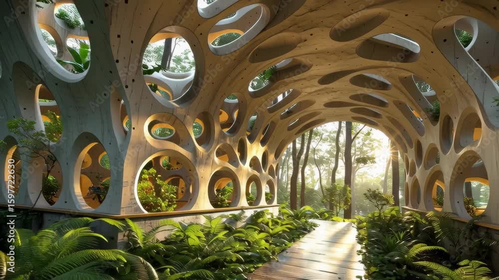Poster modern architecture design with organic shapes and natural elements in a serene forest environment
