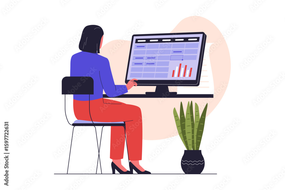 Wall mural woman working on data entry. office desk with computer and spreadsheet. illustrations for websites, 