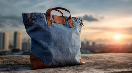 Worn blue denim canvas bag with brown leather handles placed on a concrete surface against a blurred city skyline at sunset. .