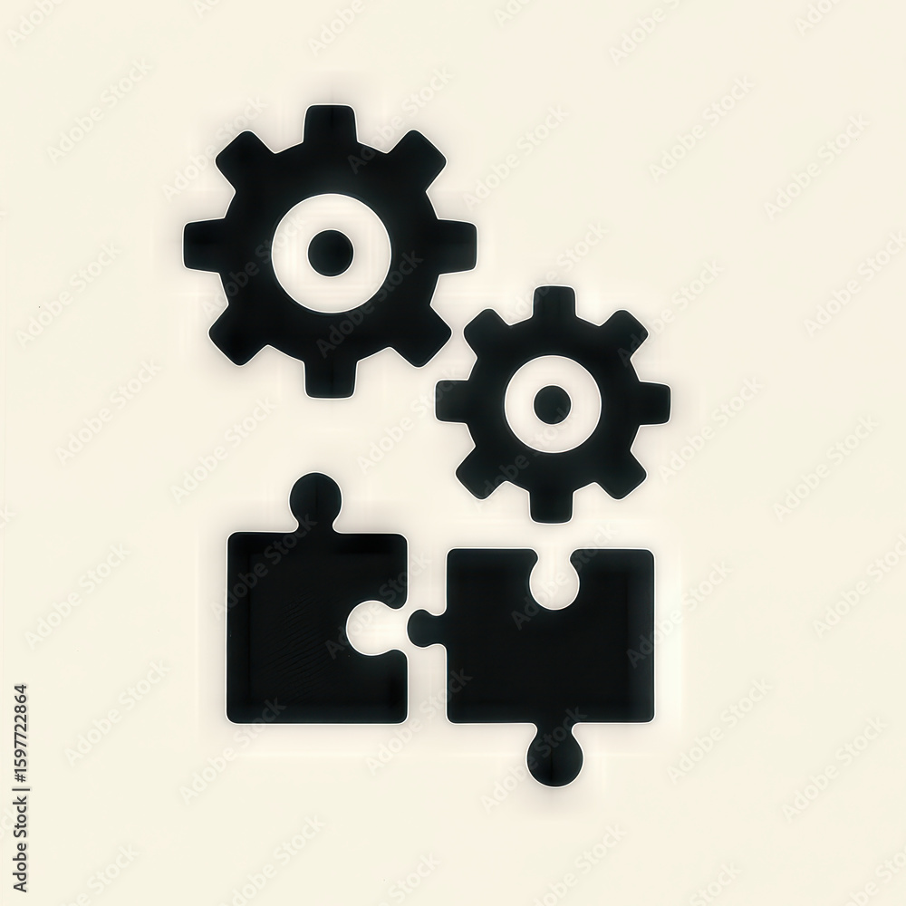 Aufkleber four black puzzle pieces on minimalistic background simple gearthemed composition, perfect for clean