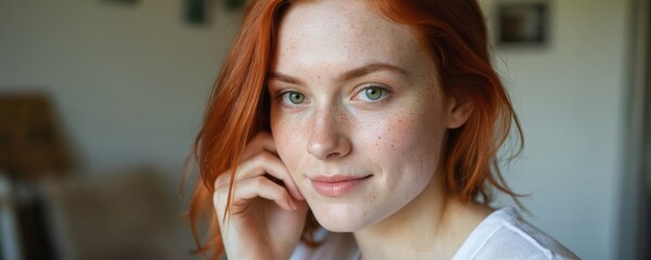 Fototapeta premium Young redhead woman with green eyes, freckles poses indoors with soft, confident expression. Natural light enhances features, creating calm, friendly, serene portrait emphasizing natural beauty,