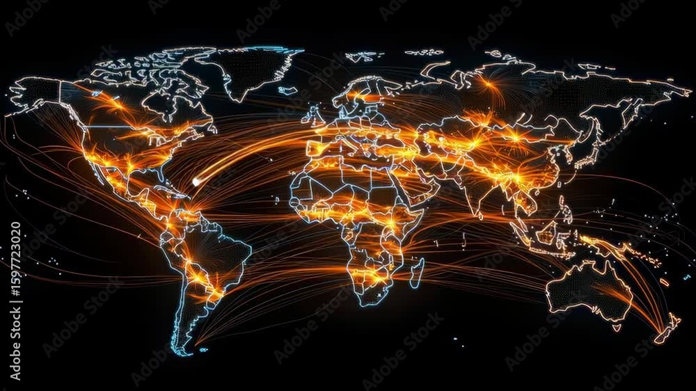 Poster global network connections displayed with electric lines on world map in dark background