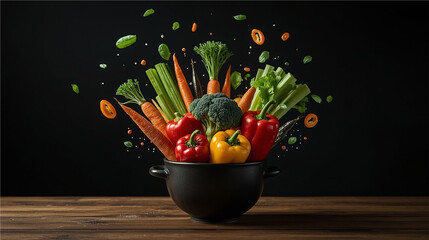 Fresh colorful vegetables floating above black pot on dark background.