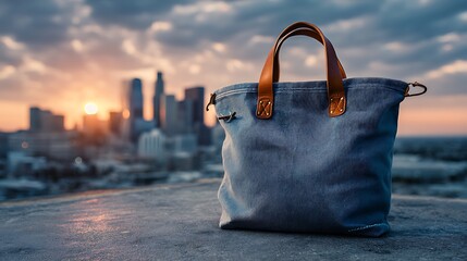 Worn blue denim canvas bag with brown leather handles placed on a concrete surface against a blurred city skyline at sunset. .