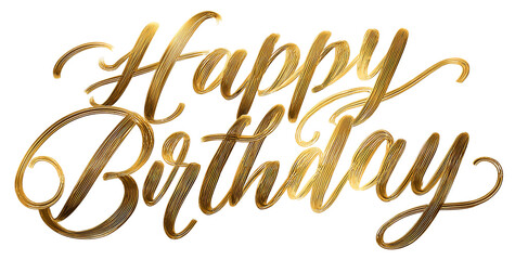 A golden thread happy birthday lettering design isolated on transparent background