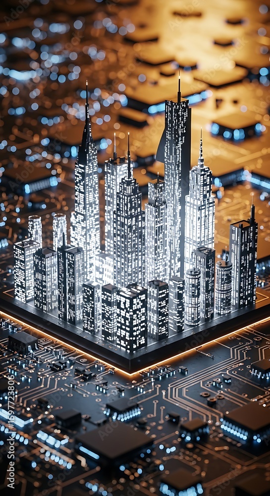 Aufkleber a miniature cityscape with skyscrapers sits atop a computer chip, surrounded by circuit board elemen
