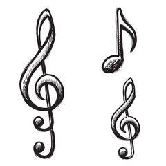 Hand drawn musical symbols set including treble clef and note isolated on white