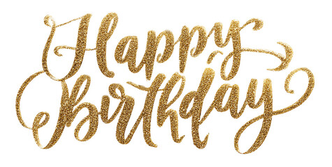 A sparkling gold glitter happy birthday lettering design isolated on transparent background