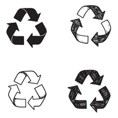 Hand drawn recycle symbols in various styles on white background