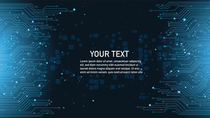 Dark abstract blue background with subtle circuit board patterns framing a central text area.