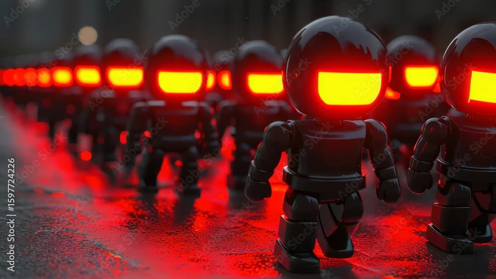 Poster futuristic robots marching in line with bright neon faces in a dark urban environment