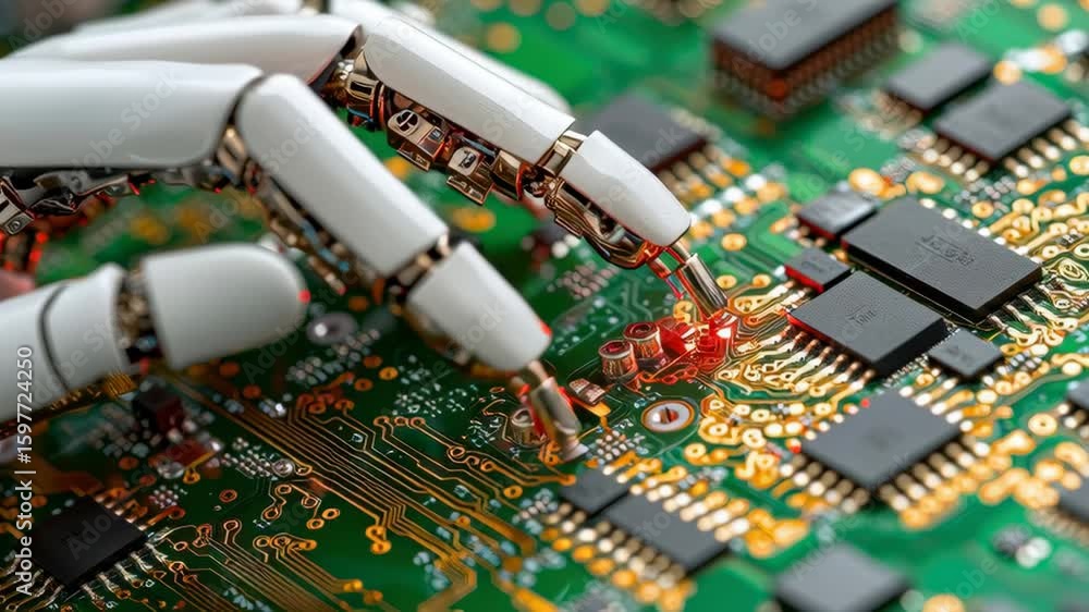 Poster robotic hand interacting with integrated circuit board in high-tech environment