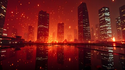 Apocalyptic city landscape with red sky and reflections in water digital painting