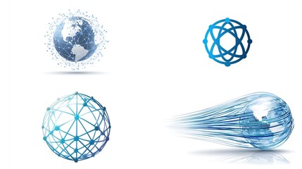 Four abstract graphic elements, digitally rendered, showcasing global connectivity and technology.  A stylized globe, network, atom, and data flow are depicted in shades of blue and white