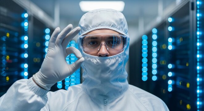 Semiconductor engineer in cleanroom environment making OK gesture. Great for hi-tech, nanotechnology, chip manufacturing, data center, innovation, healthcare, science projects. - Powered by Adobe