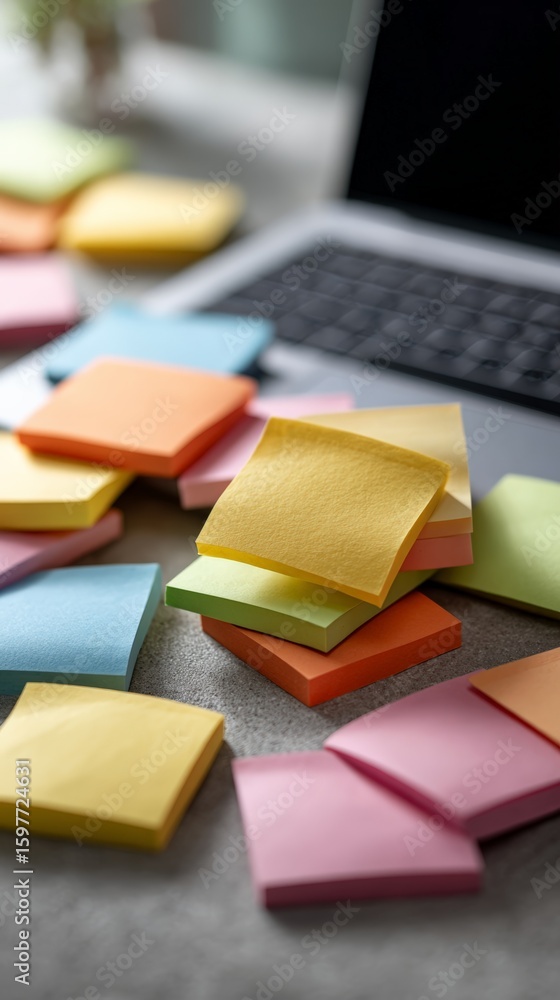 Poster colorful sticky notes lie scattered on a desk around a laptop, creating a vibrant and organized work