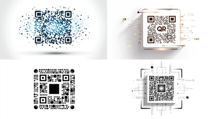 Four stylized QR code graphics, abstractly presented on a white background, for tech or modern design use