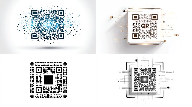 Four stylized QR code graphics, abstractly presented on a white background, for tech or modern design use