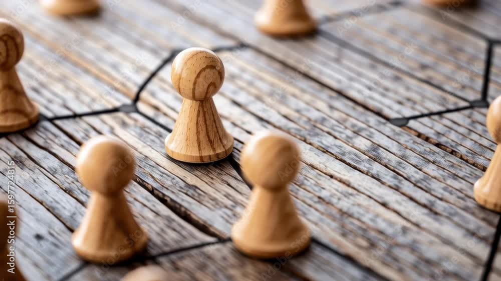 Poster wooden game pieces on table surrounded by connection lines in a conceptual network design