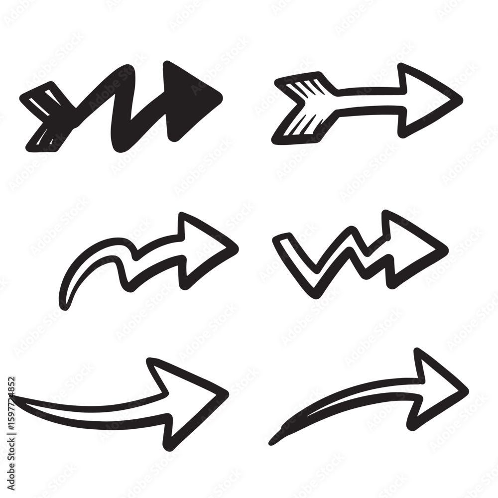 Poster set of hand drawn arrows in black and white for direction and navigation elements